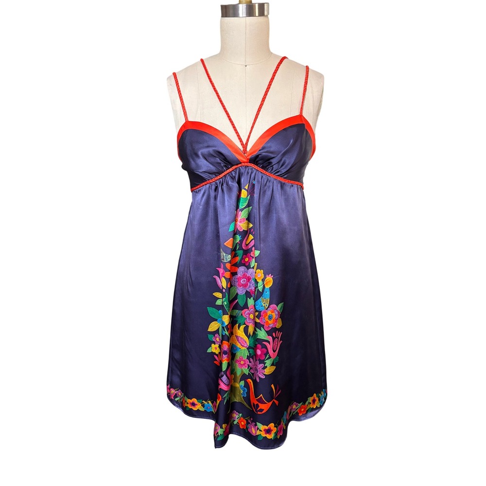 Boho Floral Voom Joy Han 100% Silk Empire Waist Mini Dress S Navy Blue Vintage